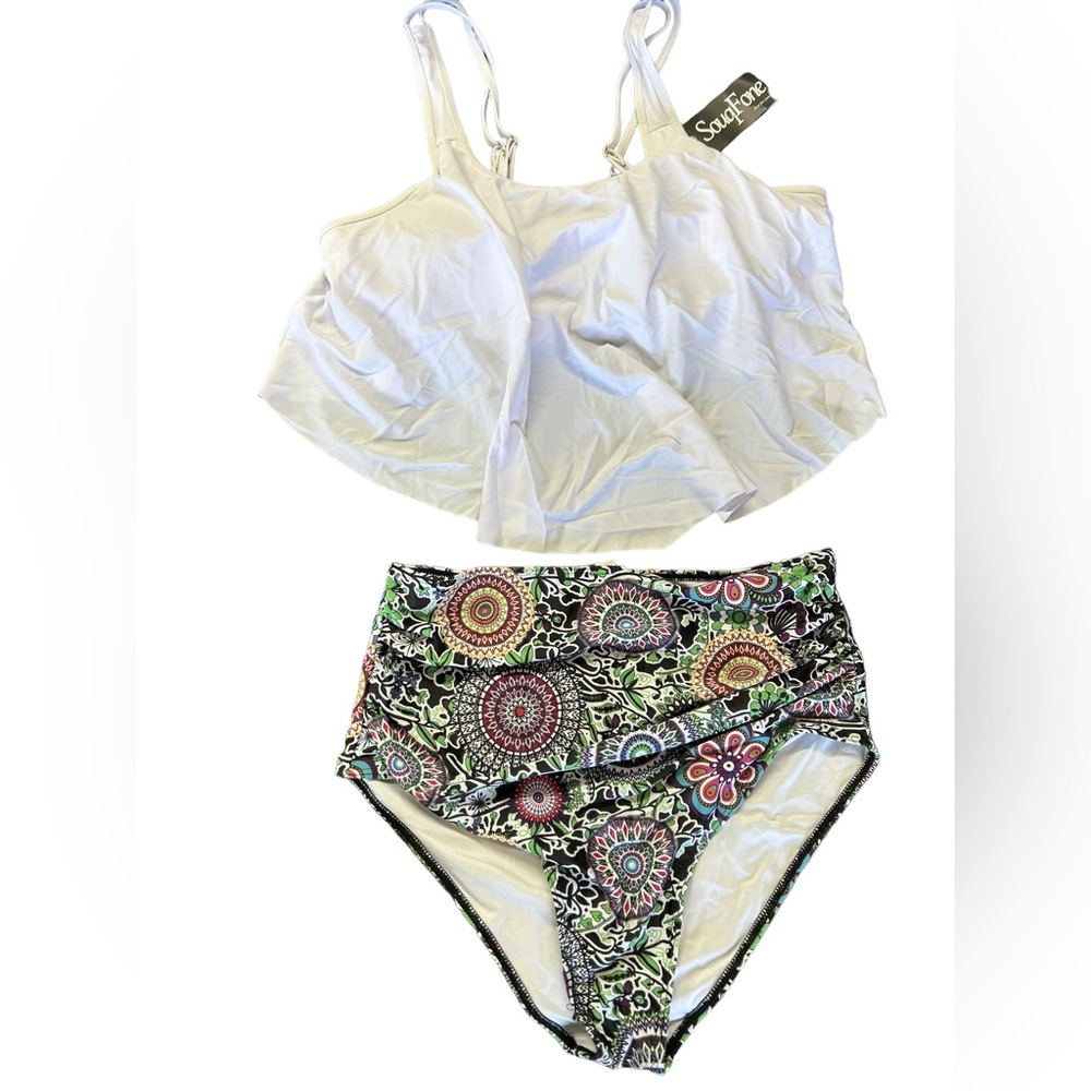 SOUQFONE swimsuit bikini set high waist retro hippie pattern bottoms NWT